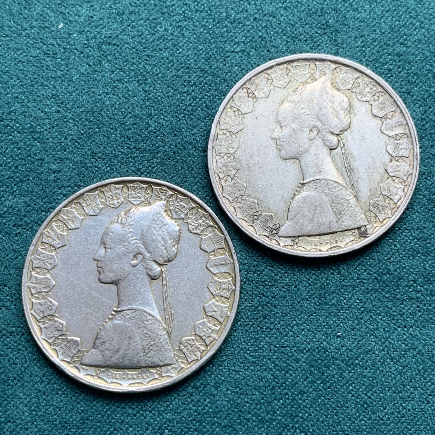 《竞宝斋》第180场-周日，周一2场 (全场包邮) 意大利500里拉女神银币2枚(1958年+1959年)，50年代早期年份