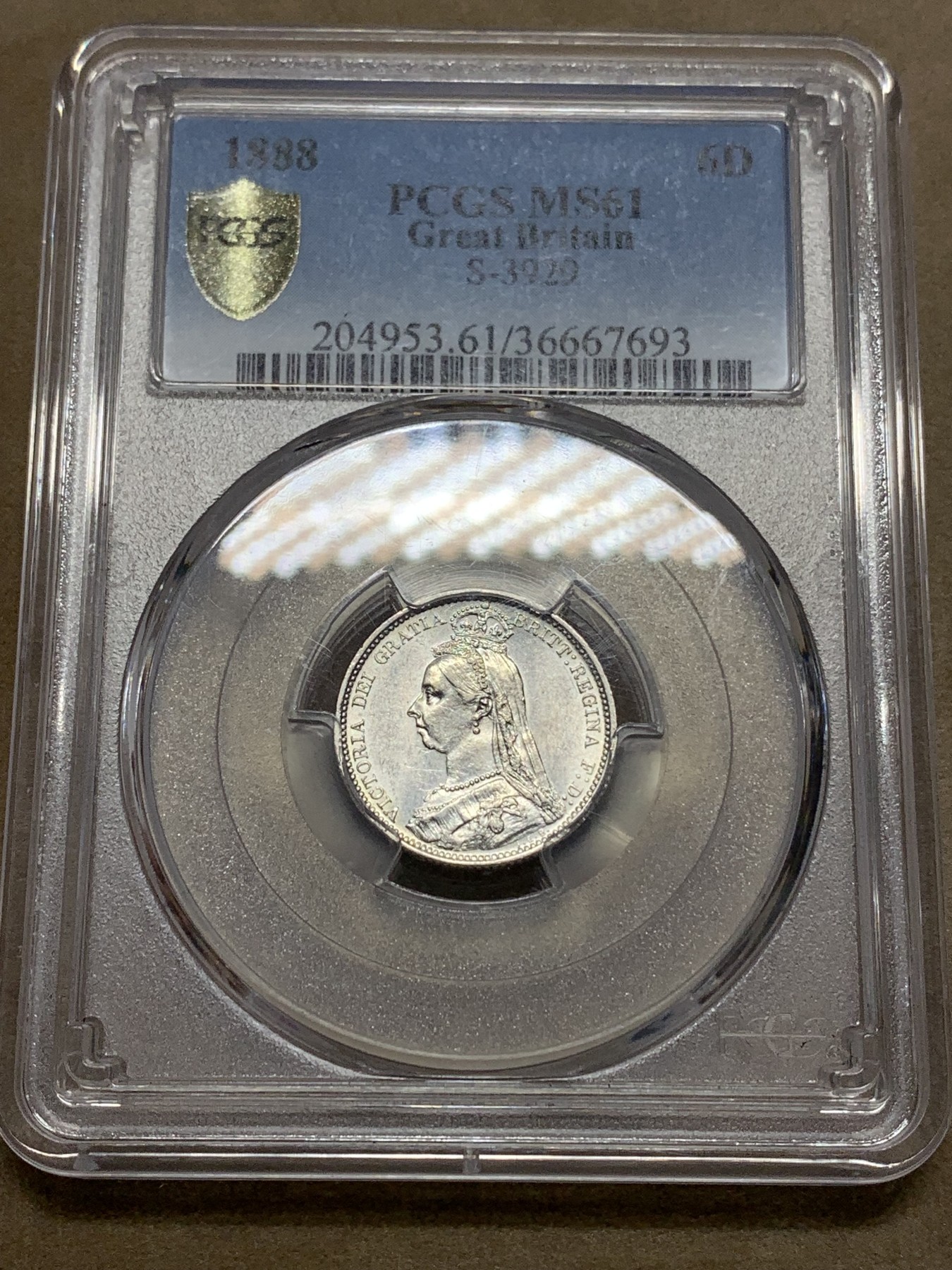 《竞宝斋》第180场-周日，周一2场 (全场包邮) PCGS MS61 英国1888年6便士银币 高冠版好年份 低评