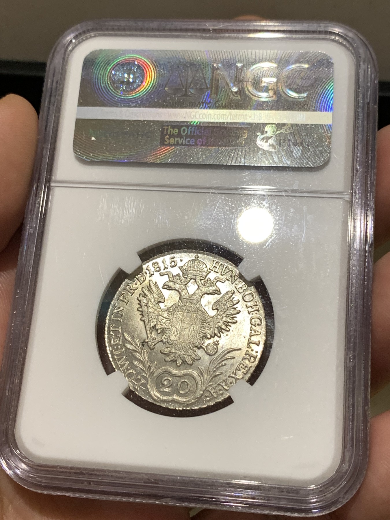 《竞宝斋》第180场-周日，周一2场 (全场包邮) NGC MS64 奥地利帝国1815B佛朗茨一世20K银辅币 白净状态好