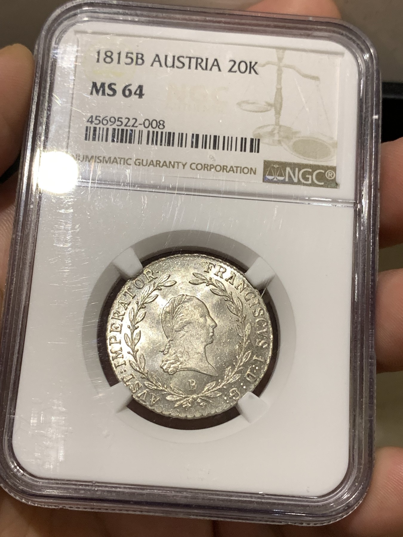 《竞宝斋》第180场-周日，周一2场 (全场包邮) NGC MS64 奥地利帝国1815B佛朗茨一世20K银辅币 白净状态好