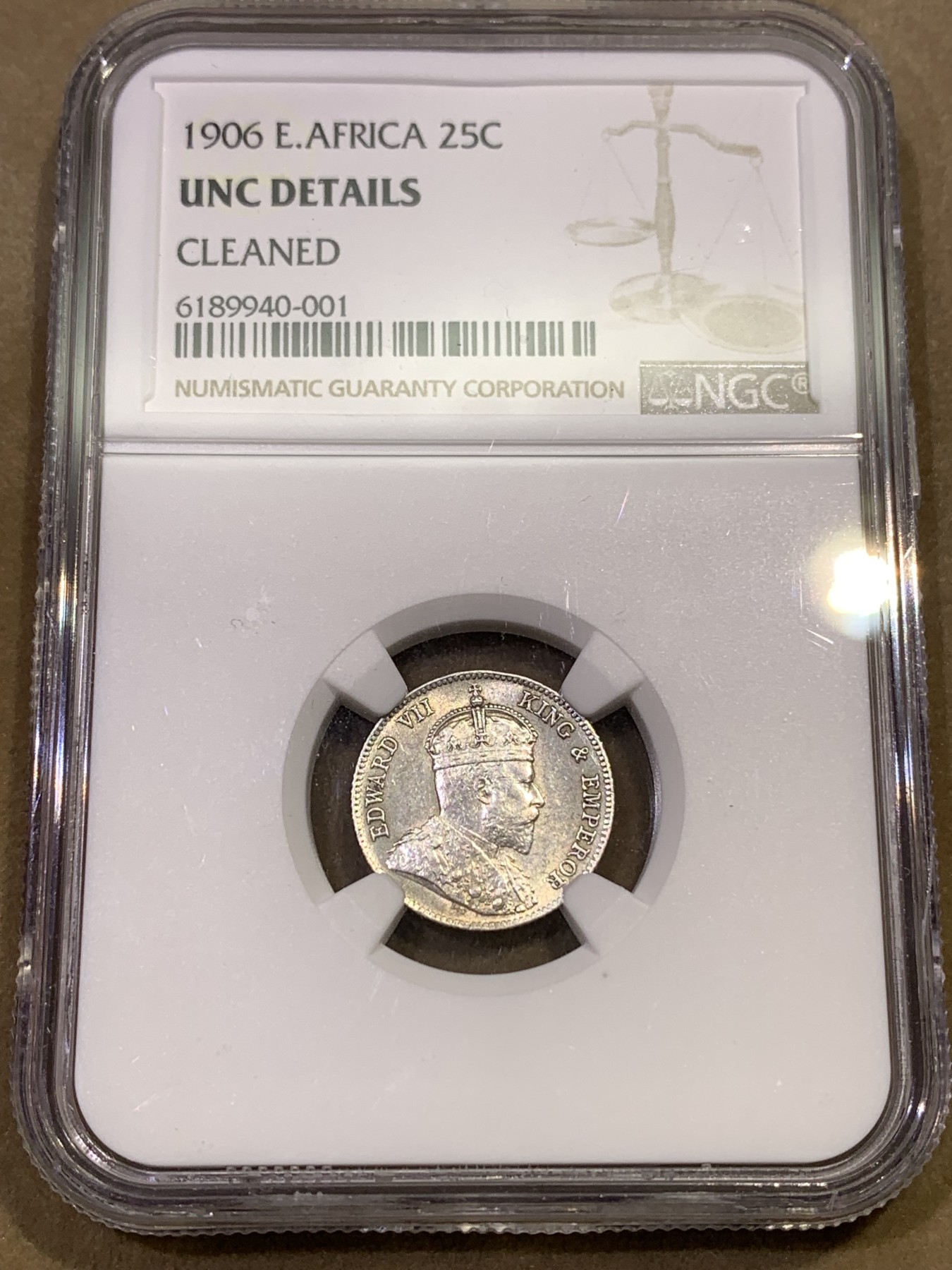 《竞宝斋》第180场-周日，周一2场 (全场包邮) NGC-UNCD 英属东非1906年爱德华七世25分银币，少见早期高银品种。