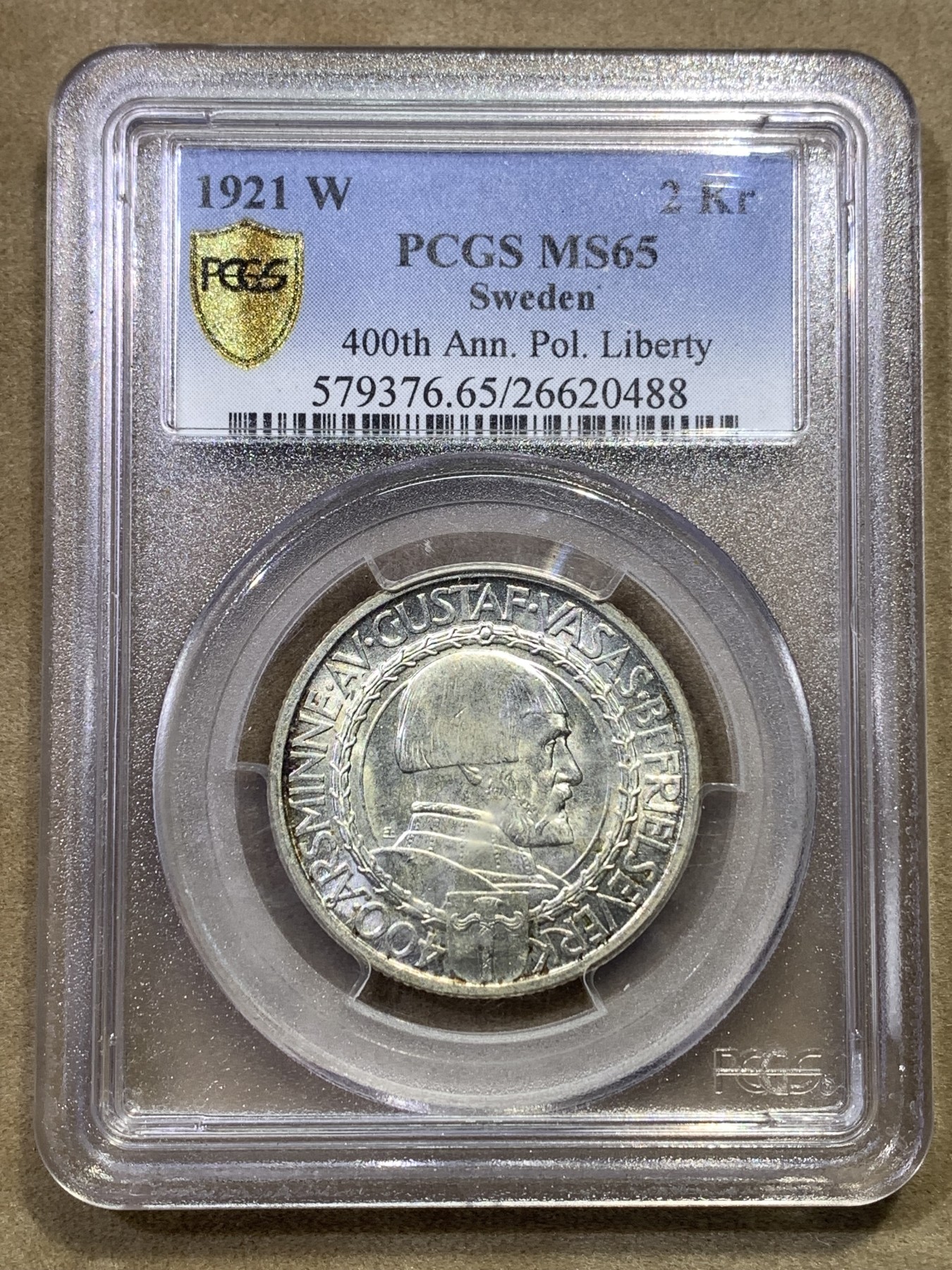 《竞宝斋》第180场-周日，周一2场 (全场包邮) PCGS-MS65 瑞典1921年2克朗纪念银币，高分一步到位。