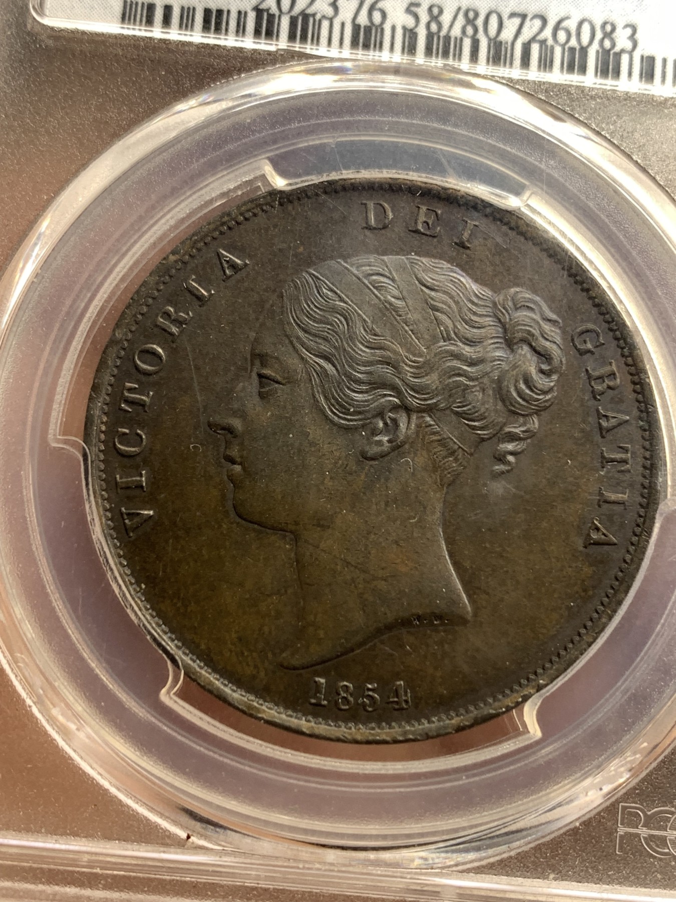 《竞宝斋》第180场-周日，周一2场 (全场包邮) PCGS AU58 英国 1854年 早期小维 1便士 大铜币 细节包浆都非常好