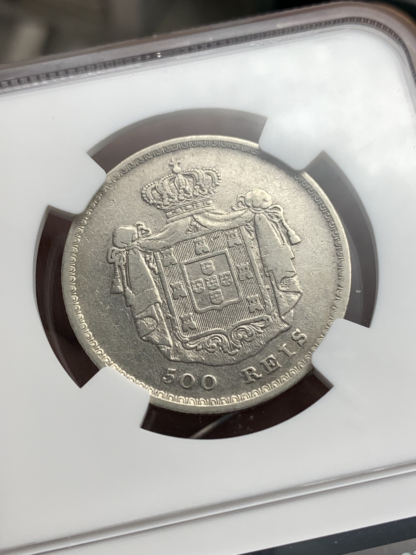 《竞宝斋》第180场-周日，周一2场 (全场包邮) NGC-AUD 葡萄牙1858年佩德罗五世500R银币，仅发行2年，非常少见品种，因磨具问题好品非常稀少