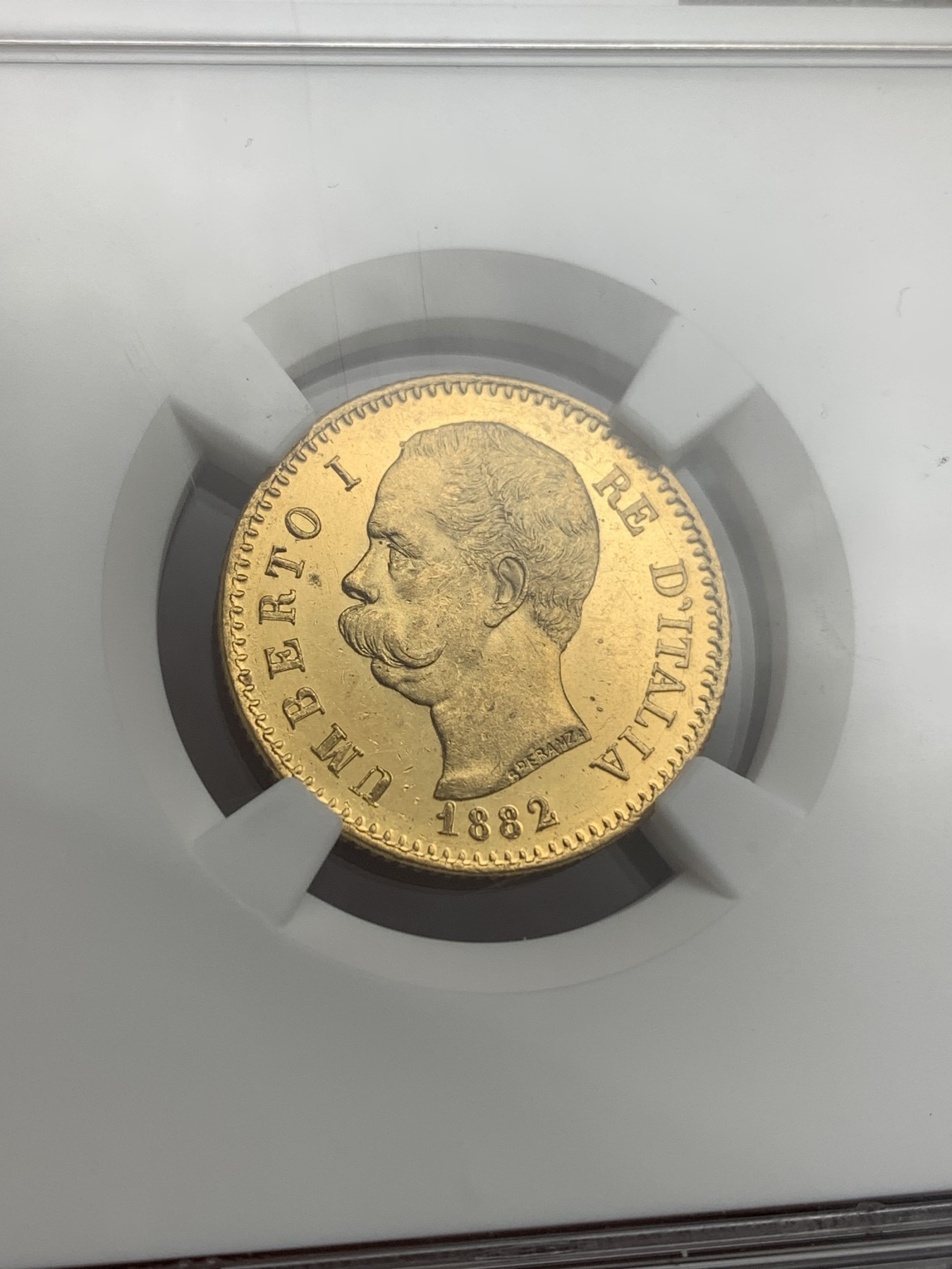 《竞宝斋》第180场-周日，周一2场 (全场包邮) NGC MS63+PL 1882年意大利王国翁贝托一世20里拉金币 状态极好