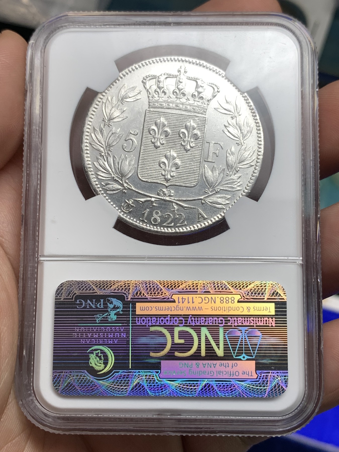 《竞宝斋》第180场-周日，周一2场 (全场包邮) NGC AU58法国1822年波旁王朝国王路易十八5法郎银币 不多的年份 整体白净 老盒评级