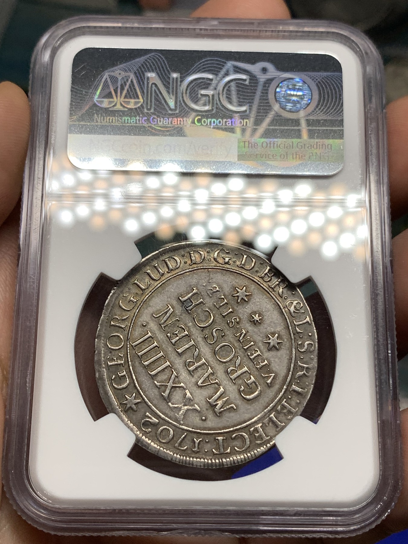 《竞宝斋》第180场-周日，周一2场 (全场包邮) NGC-AU53季军 德国布伦瑞克1702年野人24格罗申(2/3泰勒)银币