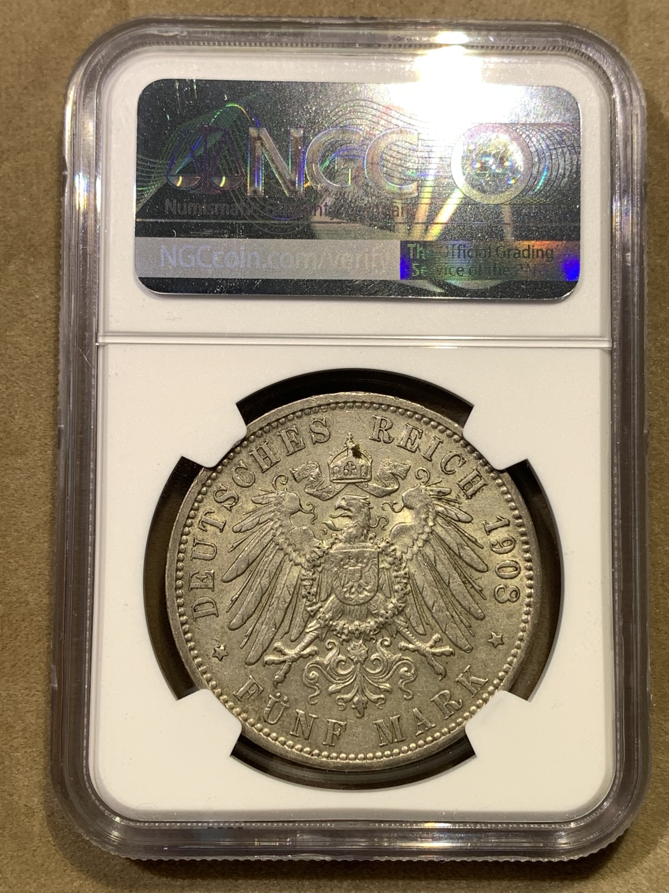 《竞宝斋》第180场-周日，周一2场 (全场包邮) NGC-AU58 德国1908汉堡 5马克银币 此年份比1913的少见