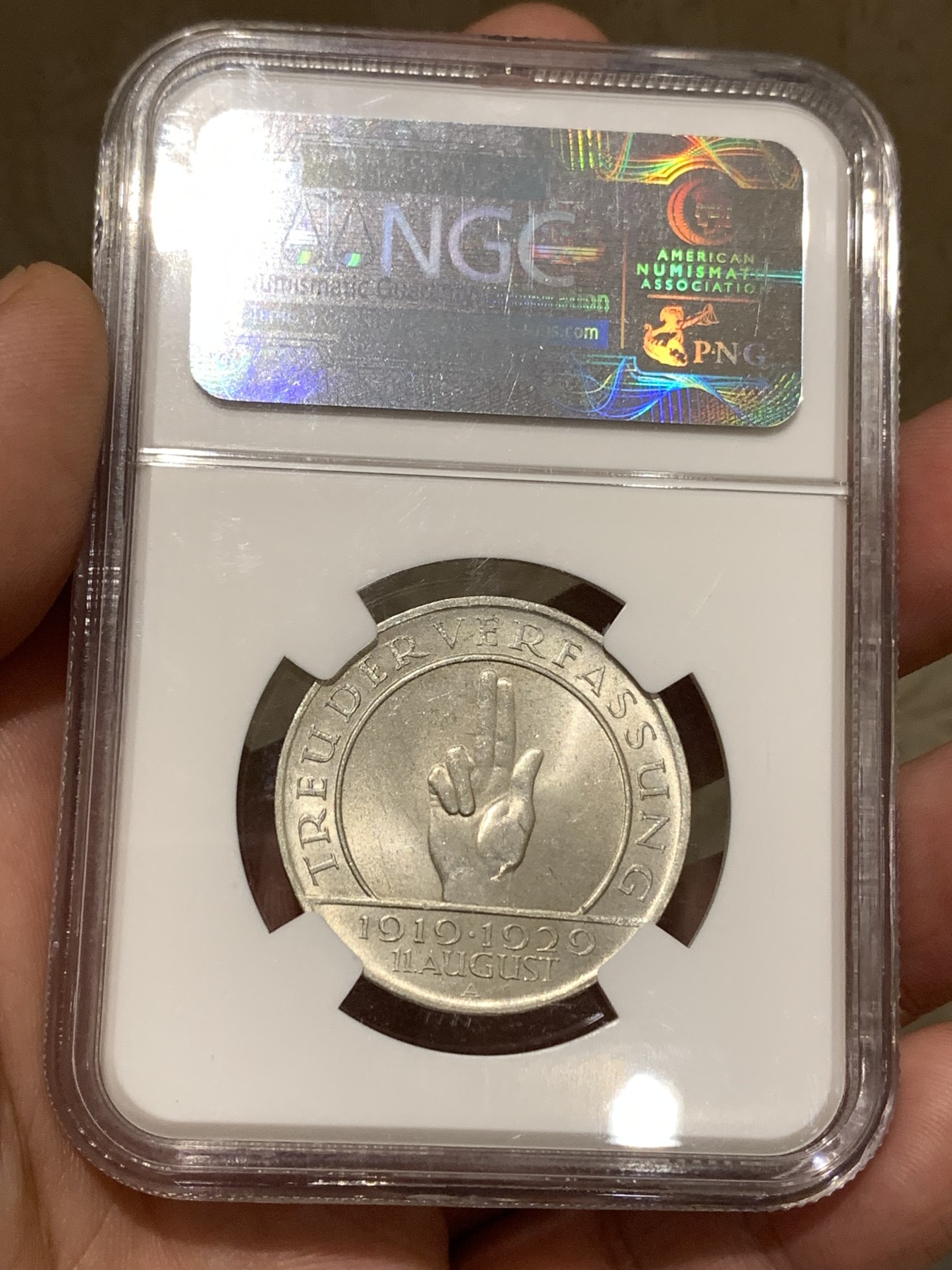 《竞宝斋》第180场-周日，周一2场 (全场包邮) NGC-MS65 魏玛德国1929年宪法十周年3马克纪念银币 少见高分