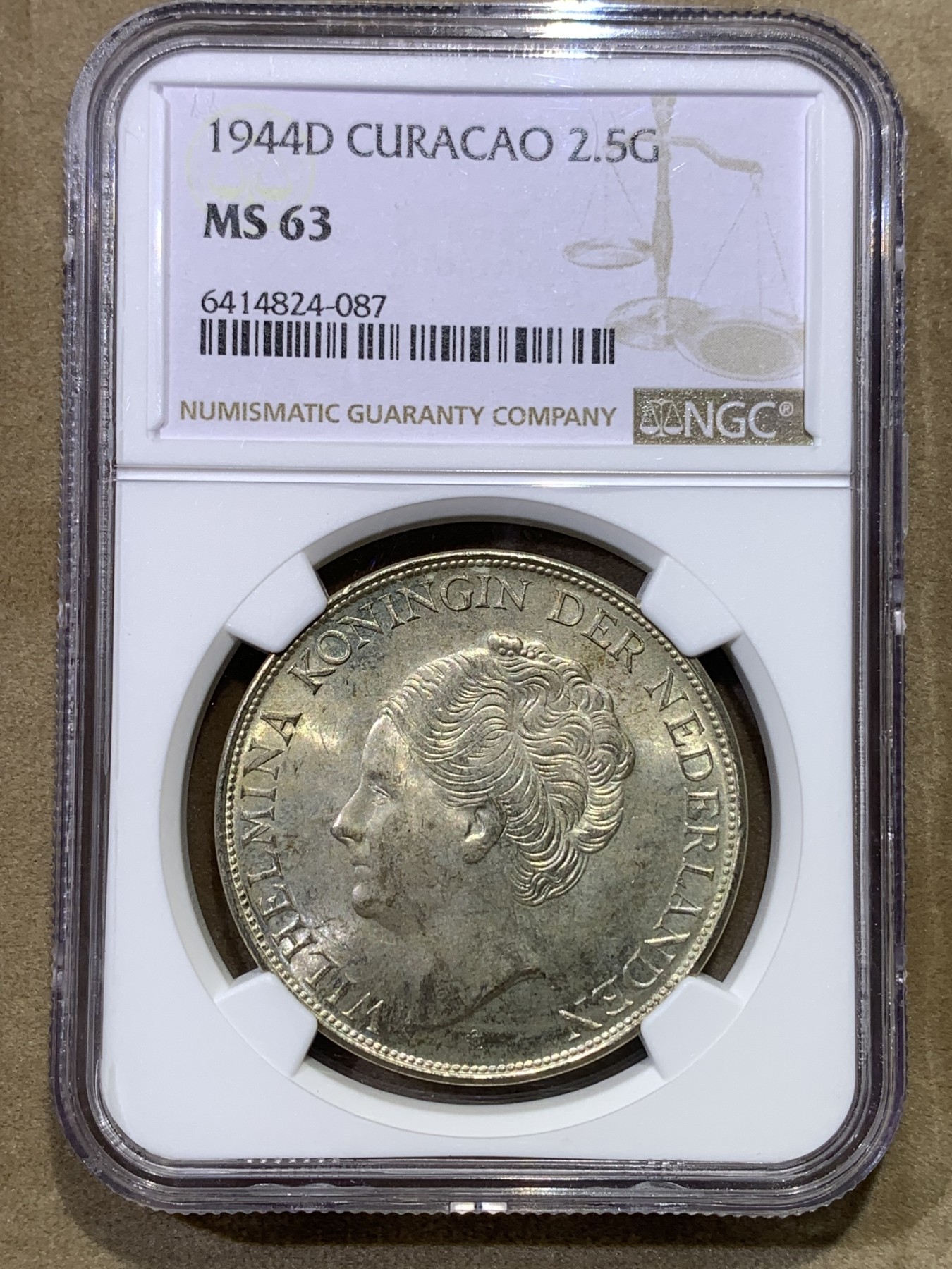 《竞宝斋》第180场-周日，周一2场 (全场包邮) NGC-MS63 荷属库拉索1944年 威廉米娜女王 2.5盾大银币