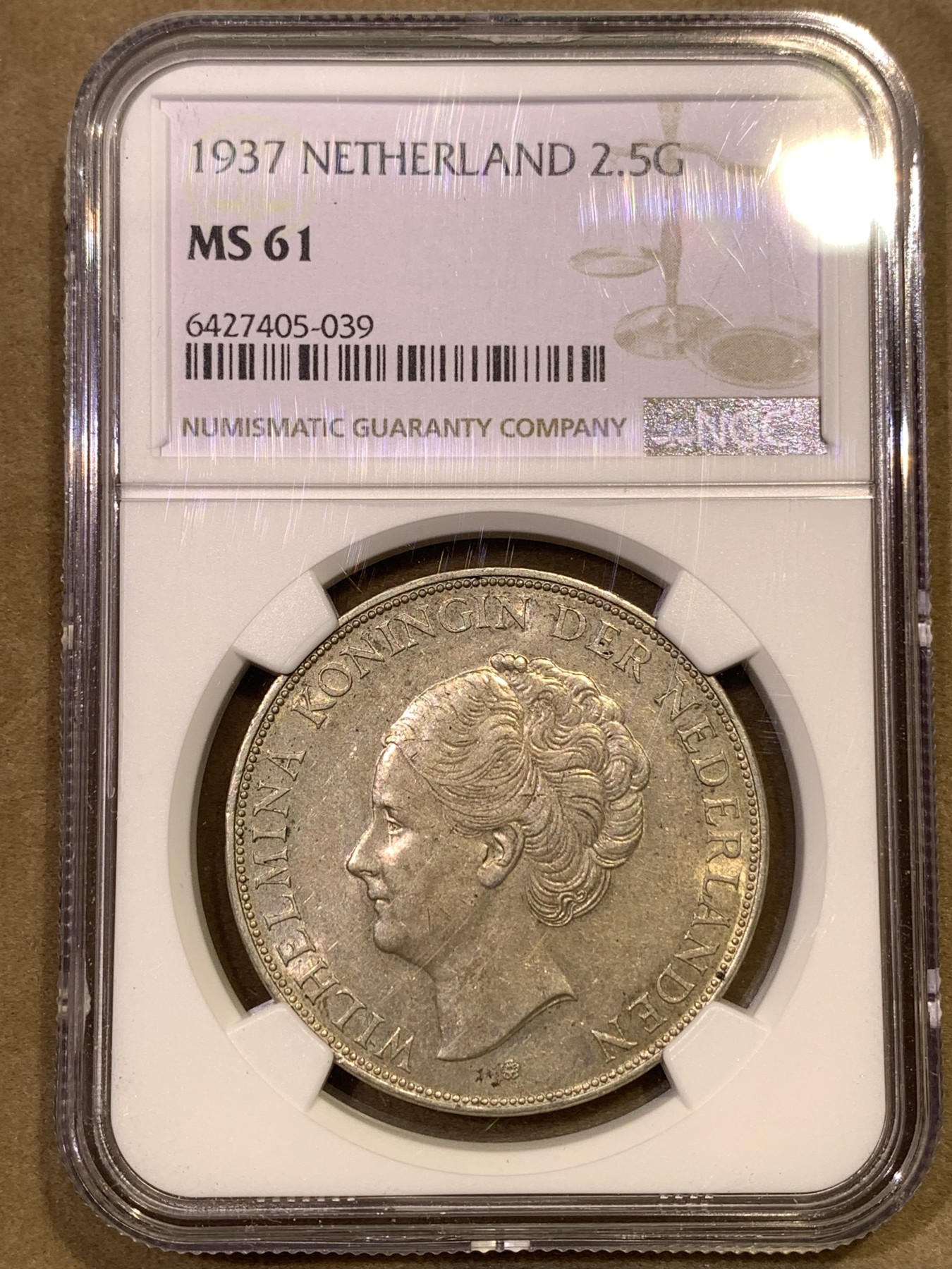 《竞宝斋》第180场-周日，周一2场 (全场包邮) NGC-MS61 荷兰1937年 威廉米娜女王 2.5盾大银币