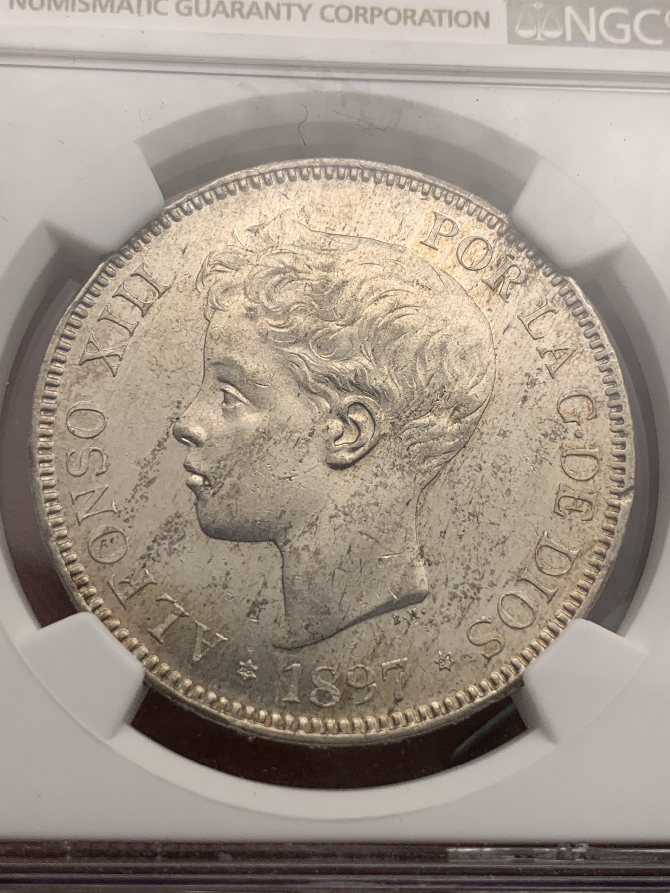 《竞宝斋》第180场-周日，周一2场 (全场包邮) NGC-MS60 西班牙 双柱 1897（97）阿方索十三世 5比塞塔银币
