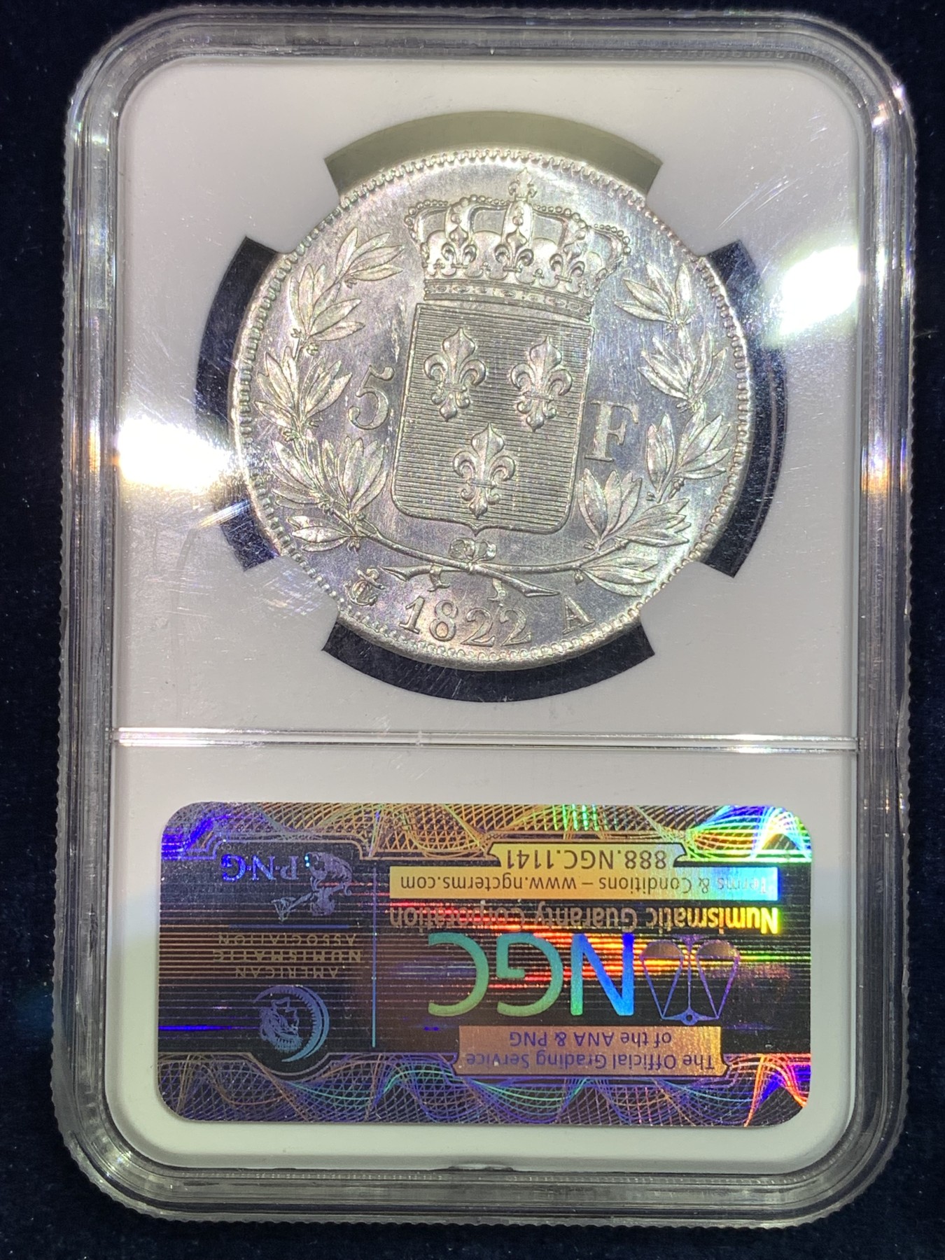 《竞宝斋》第180场-周日，周一2场 (全场包邮) NGC AU58法国1822年波旁王朝国王路易十八5法郎银币 不多的年份 整体白净 老盒评级