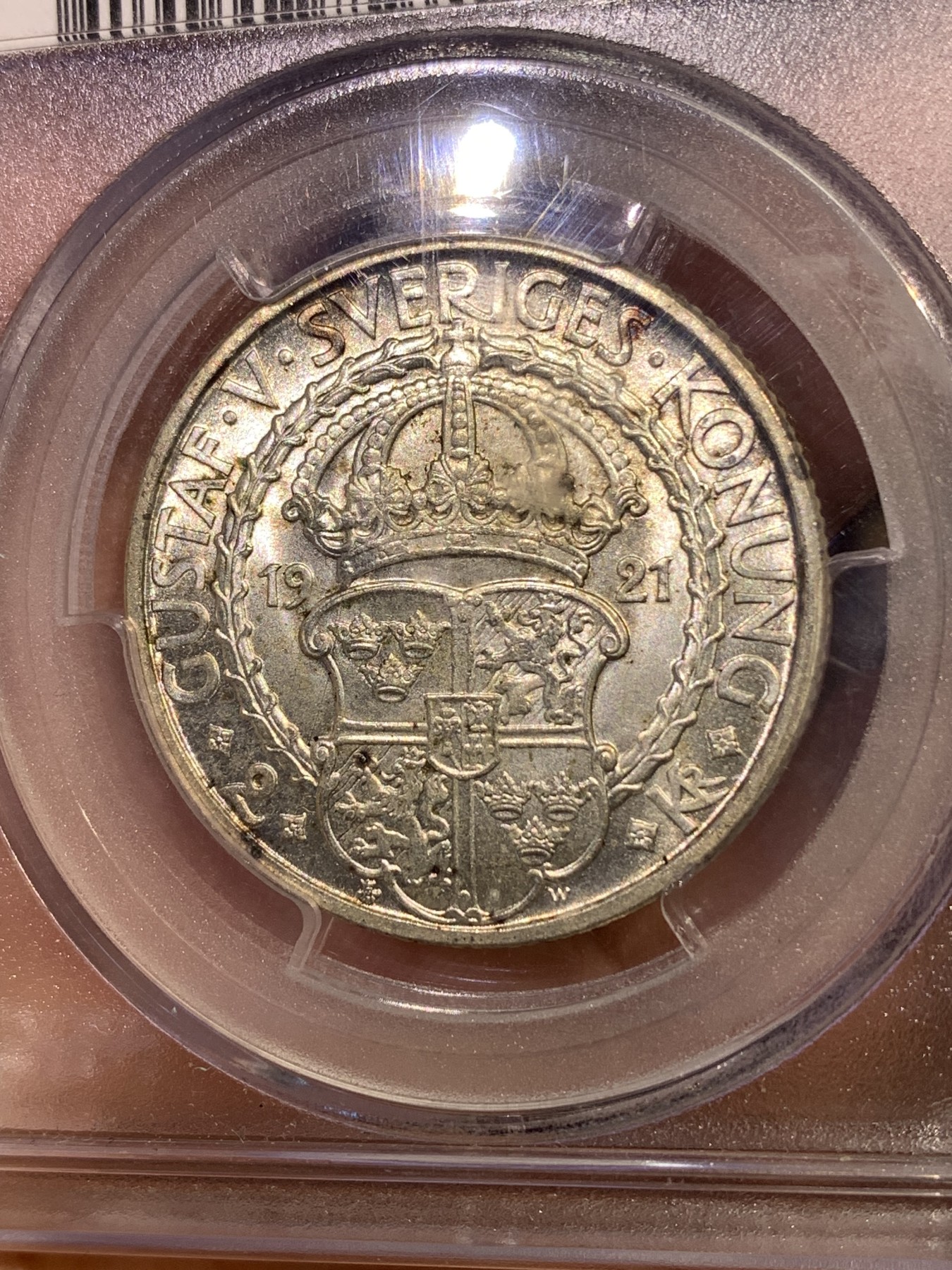 《竞宝斋》第180场-周日，周一2场 (全场包邮) PCGS-MS65 瑞典1921年2克朗纪念银币，高分一步到位。