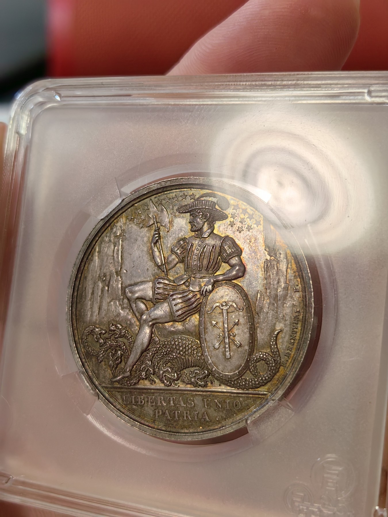 橡树集藏-006场 海纳百川 1821法国巴黎瑞士慈善社屠龙者银章 直径：34mm 重量：19.67gr 边铭无  原铸好品相 评级首选