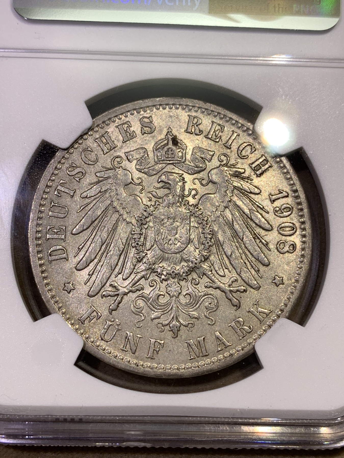 《竞宝斋》第180场-周日，周一2场 (全场包邮) NGC-AU58 德国1908汉堡 5马克银币 此年份比1913的少见