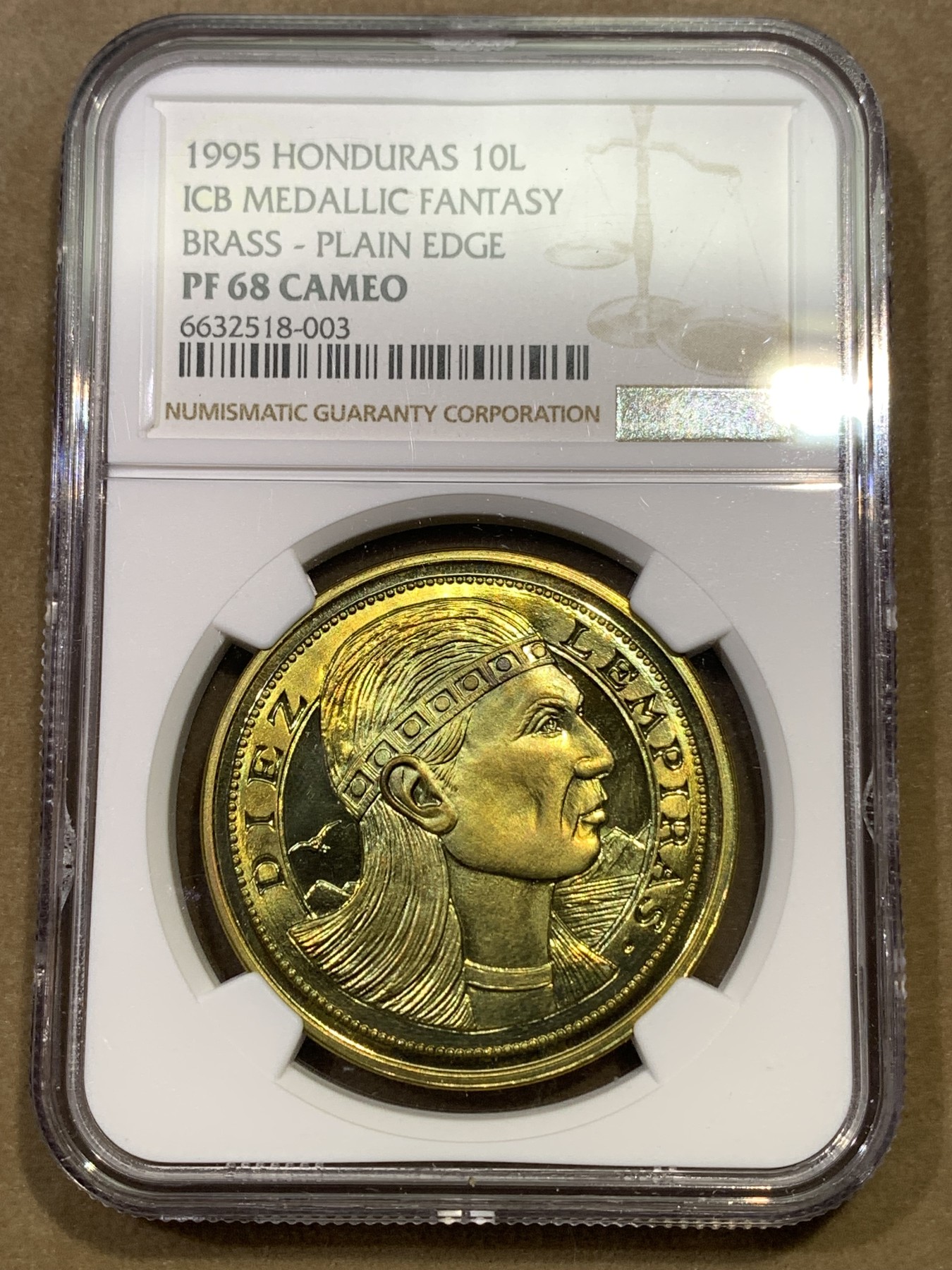 《竞宝斋》第180场-周日，周一2场 (全场包邮) NGC-PF68 CAMEO 1995年洪都拉斯10伦皮拉精制大铜币，铸量仅150枚，见于珍稀币目录。大尺寸铜币，背面景物刻画细致入微，工艺精湛。