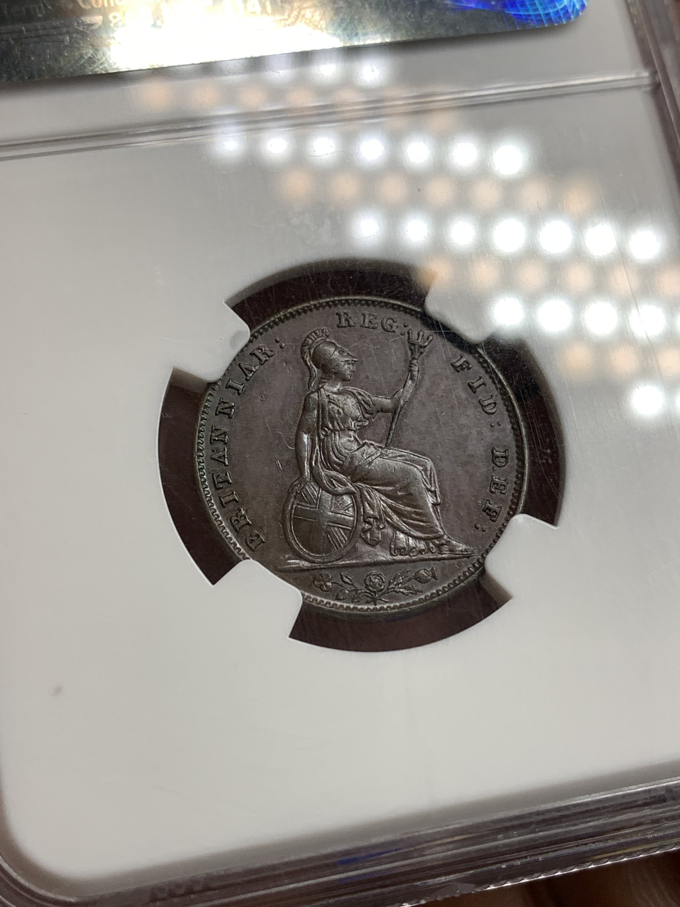 《竞宝斋》第180场-周日，周一2场 (全场包邮) NGC AU58BN 英国 1846年 早期小维 1/4便士=1法新 铜币 巧克力包浆 难得状态