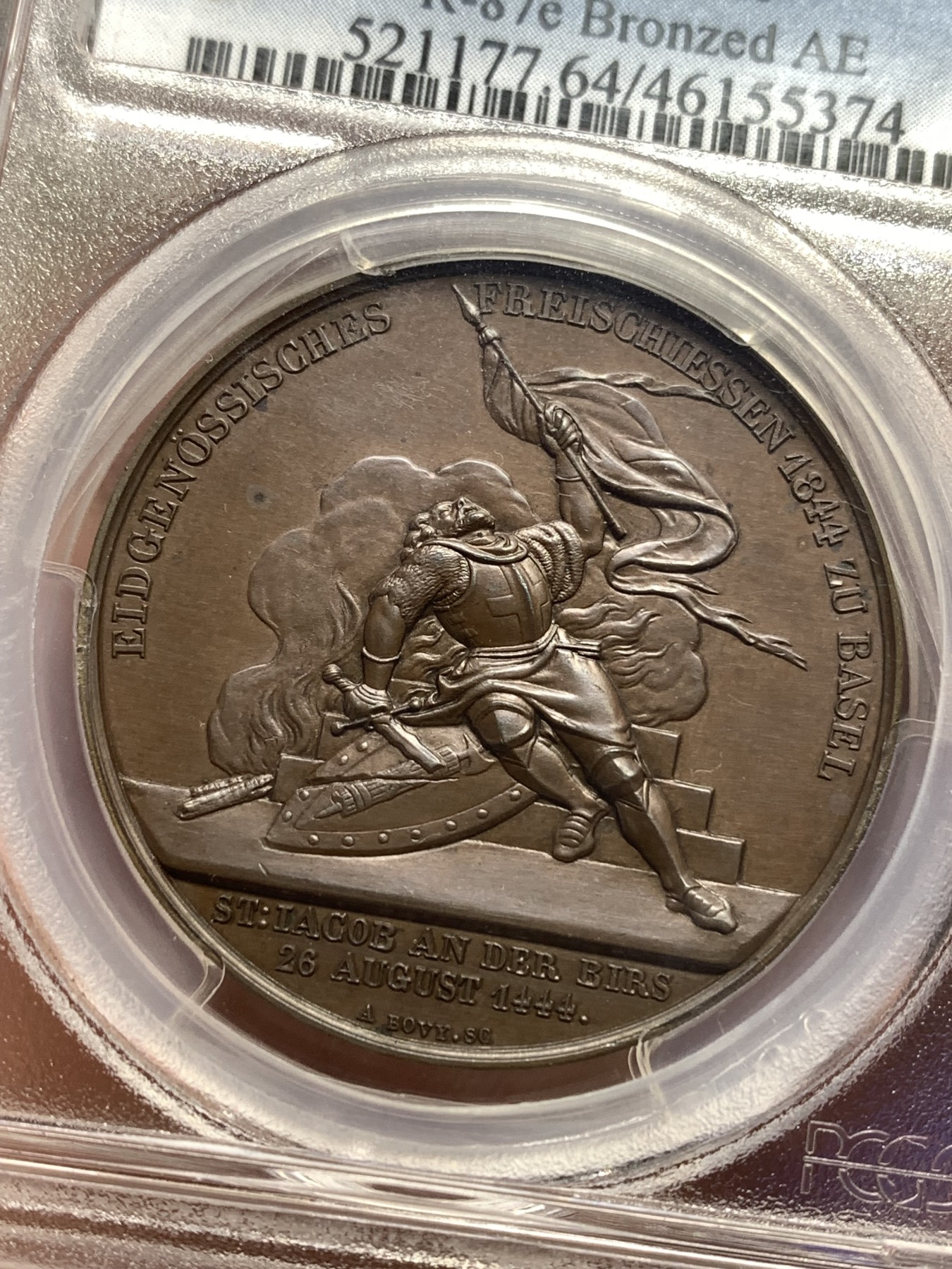 《竞宝斋》第180场-周日，周一2场 (全场包邮) PCGS-SP64 瑞士 巴赛尔 1844年 射击节 大铜章 早期经典品种 高分巧克力色 加厚盒