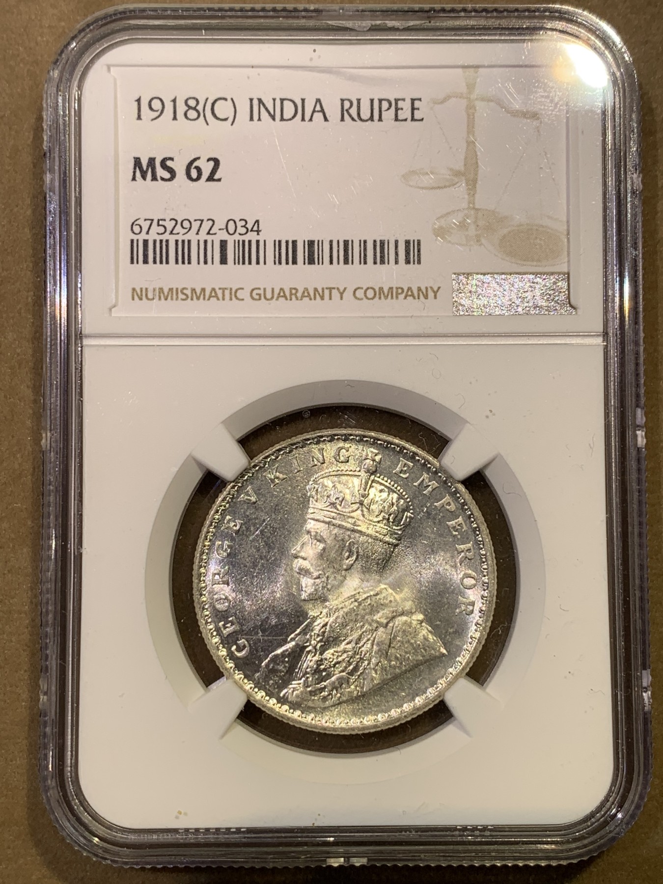 《竞宝斋》第180场-周日，周一2场 (全场包邮) NGC MS62 印度 乔五 1918C 1卢比 银币