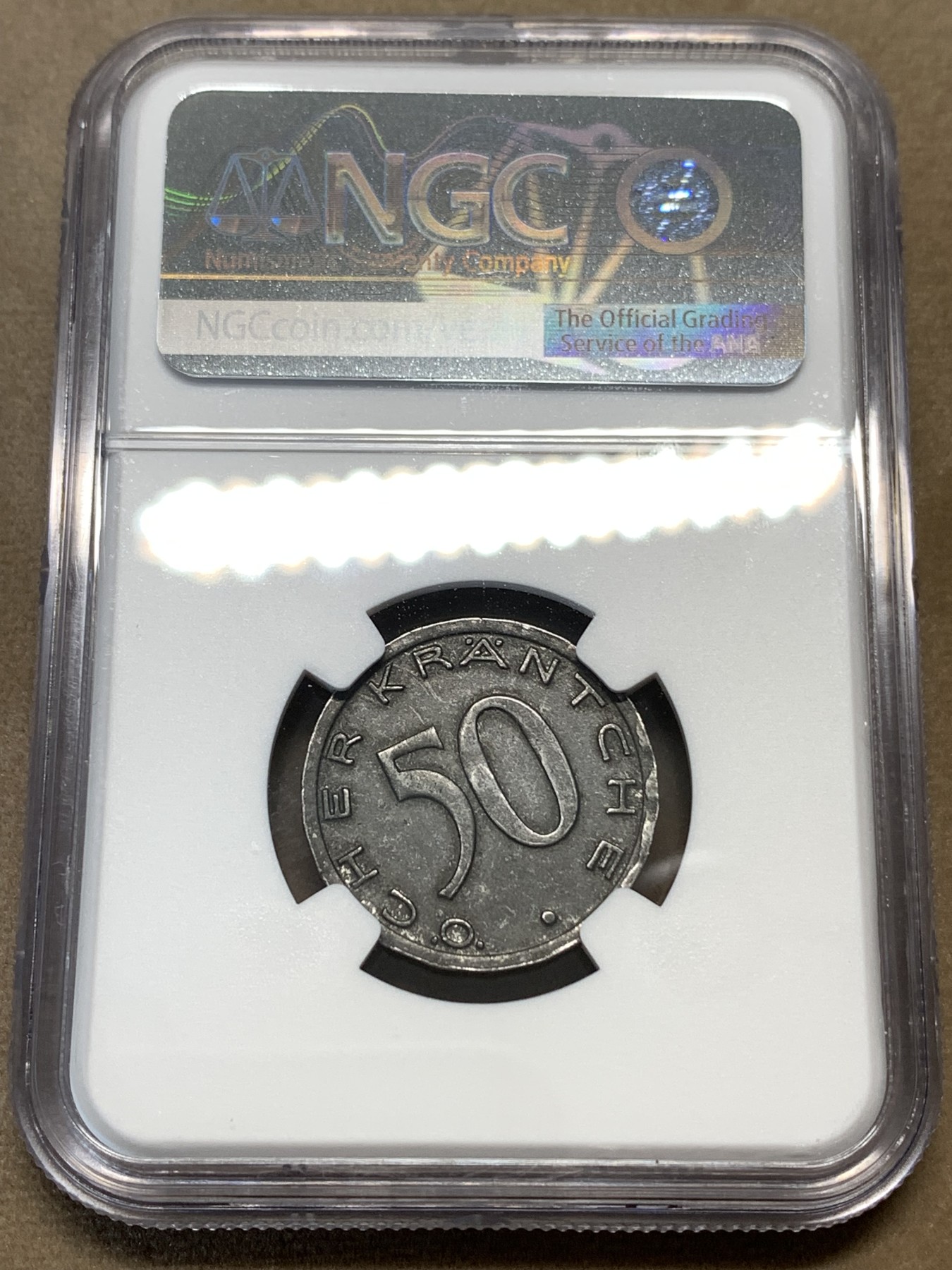 《竞宝斋》第180场-周日，周一2场 (全场包邮) NGC-MS62 德国紧急状态货币名誉品，1920年亚琛鹰头50芬尼铁币，好品难寻，银光闪闪，鹰头威风凛凛，惟妙惟肖