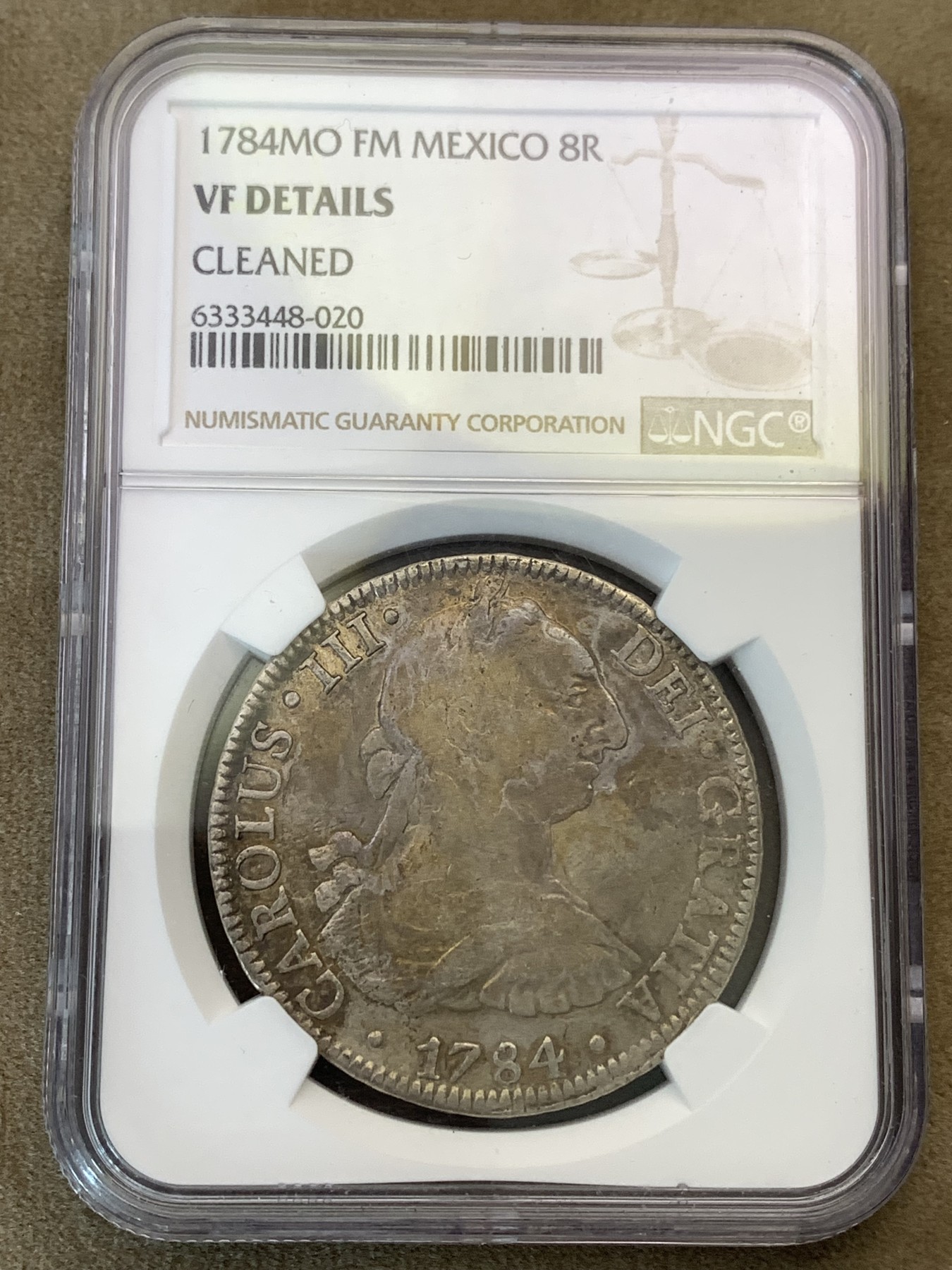 《竞宝斋》第180场-周日，周一2场 (全场包邮) NGC–VFD 墨西哥 1784年卡洛斯三世双柱银币。