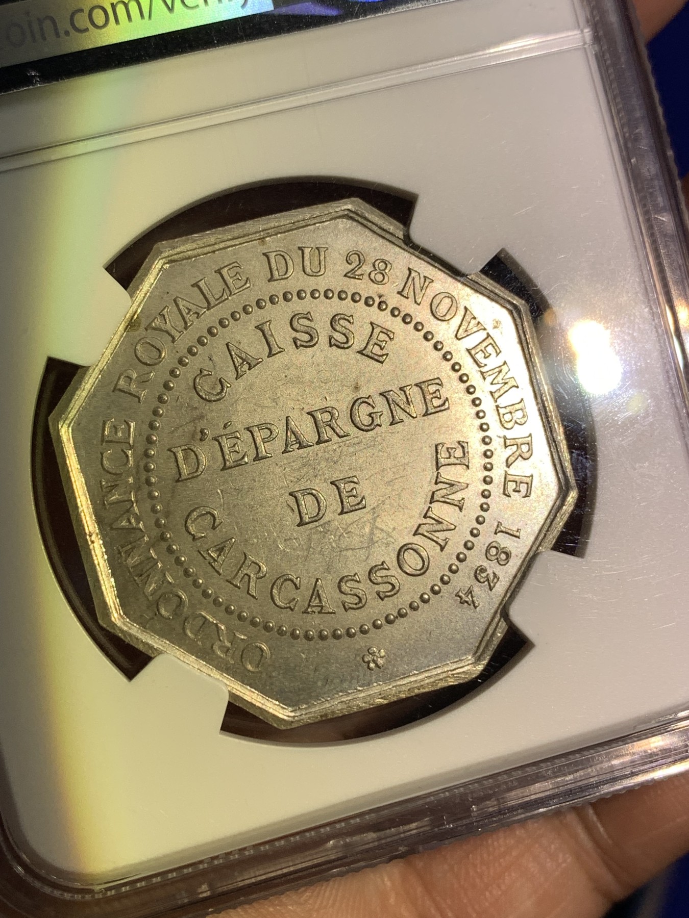 《竞宝斋》第180场-周日，周一2场 (全场包邮) NGC MS63 法国1834年卡卡西松储蓄银行八角银章 大规格 少见品种