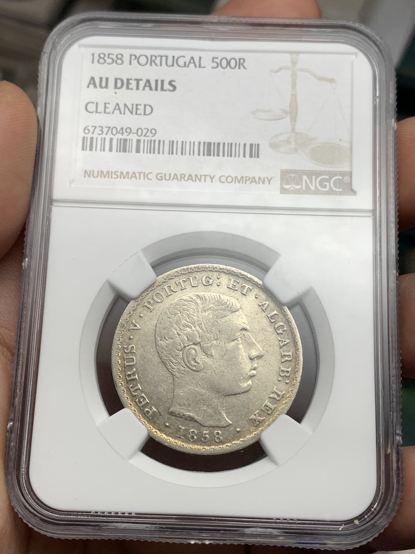 《竞宝斋》第180场-周日，周一2场 (全场包邮) NGC-AUD 葡萄牙1858年佩德罗五世500R银币，仅发行2年，非常少见品种，因磨具问题好品非常稀少