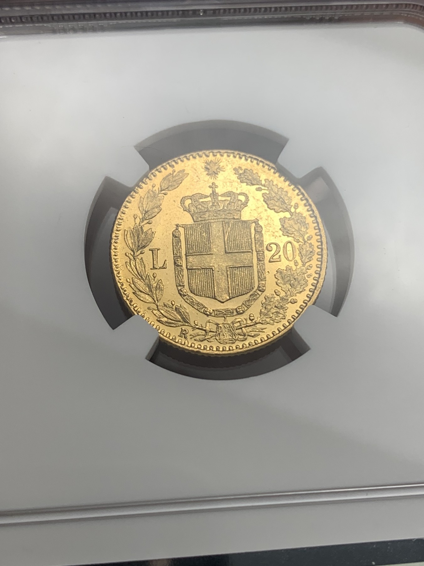 《竞宝斋》第180场-周日，周一2场 (全场包邮) NGC MS63+PL 1882年意大利王国翁贝托一世20里拉金币 状态极好