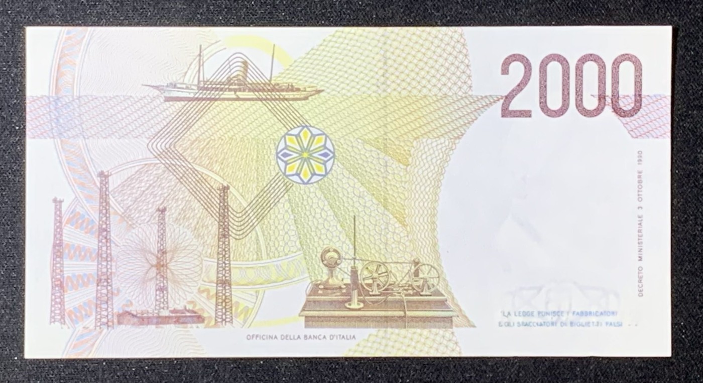 紫瑗钱币——第306期拍卖 意大利 1990年 马可尼 末版 2000里拉 UNC