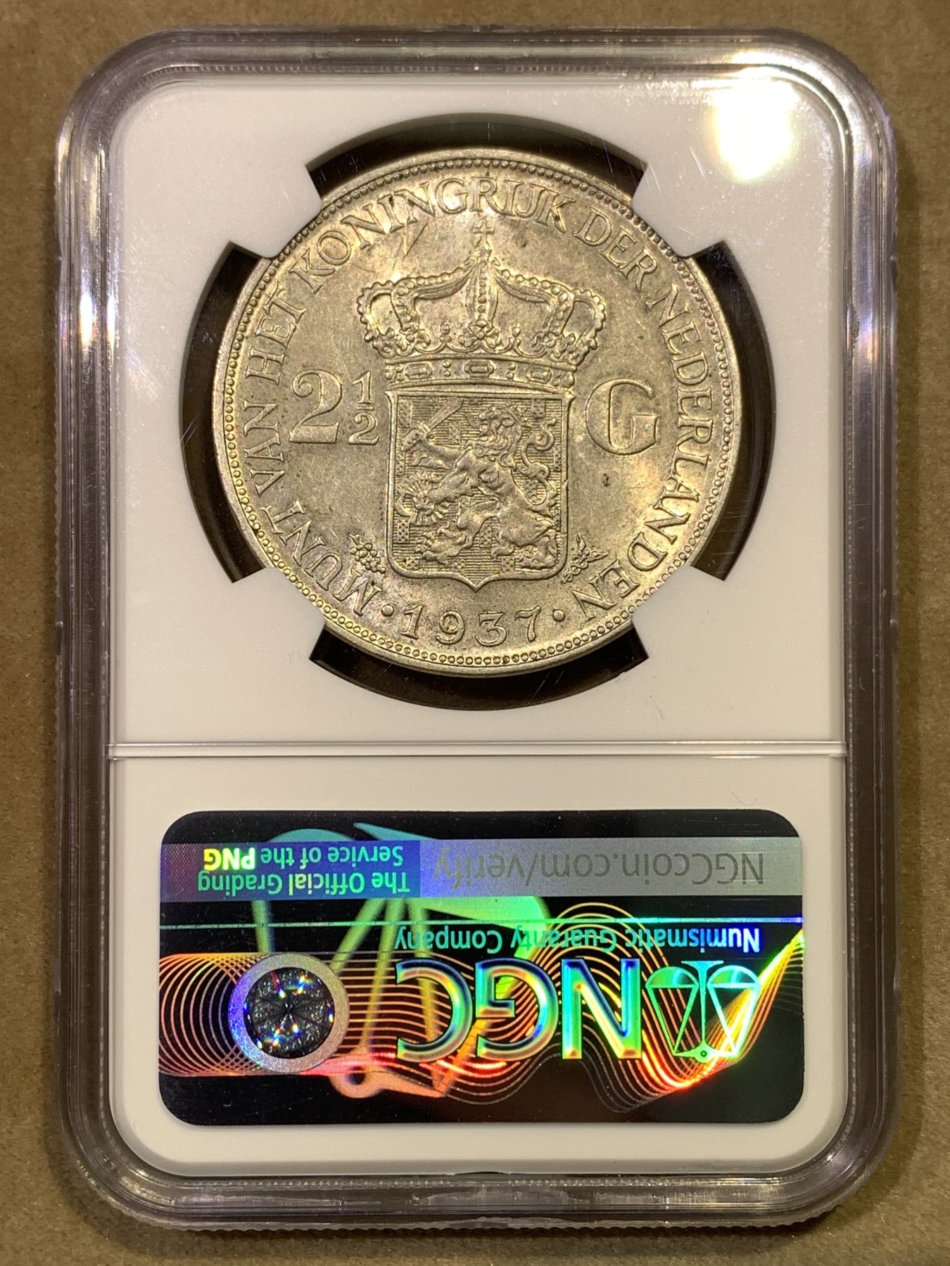 《竞宝斋》第180场-周日，周一2场 (全场包邮) NGC-MS61 荷兰1937年 威廉米娜女王 2.5盾大银币