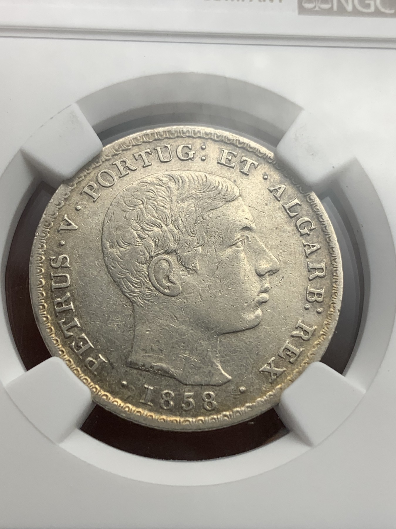 《竞宝斋》第180场-周日，周一2场 (全场包邮) NGC-AUD 葡萄牙1858年佩德罗五世500R银币，仅发行2年，非常少见品种，因磨具问题好品非常稀少