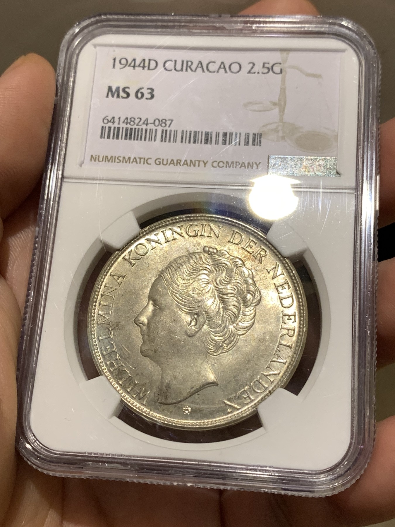 《竞宝斋》第180场-周日，周一2场 (全场包邮) NGC-MS63 荷属库拉索1944年 威廉米娜女王 2.5盾大银币