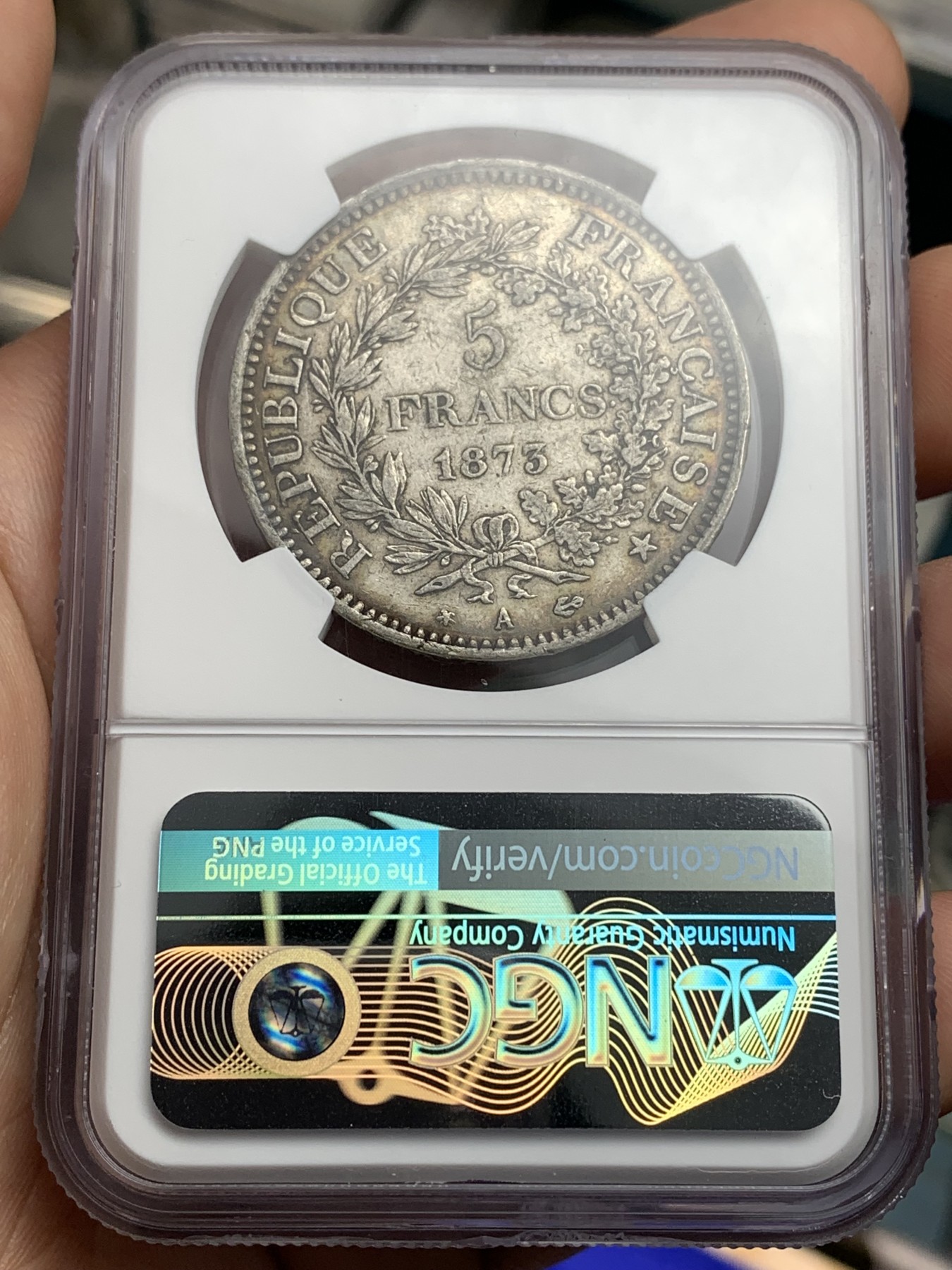 《竞宝斋》第180场-周日，周一2场 (全场包邮) NGC XF45 法国1873A大力神5法郎银币 厚黑包浆