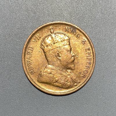 精品外国硬币专场0711 - 1908年英属海峡殖民地爱德华七世1分大铜币，疑似镀金，直径29mm重9.12g 