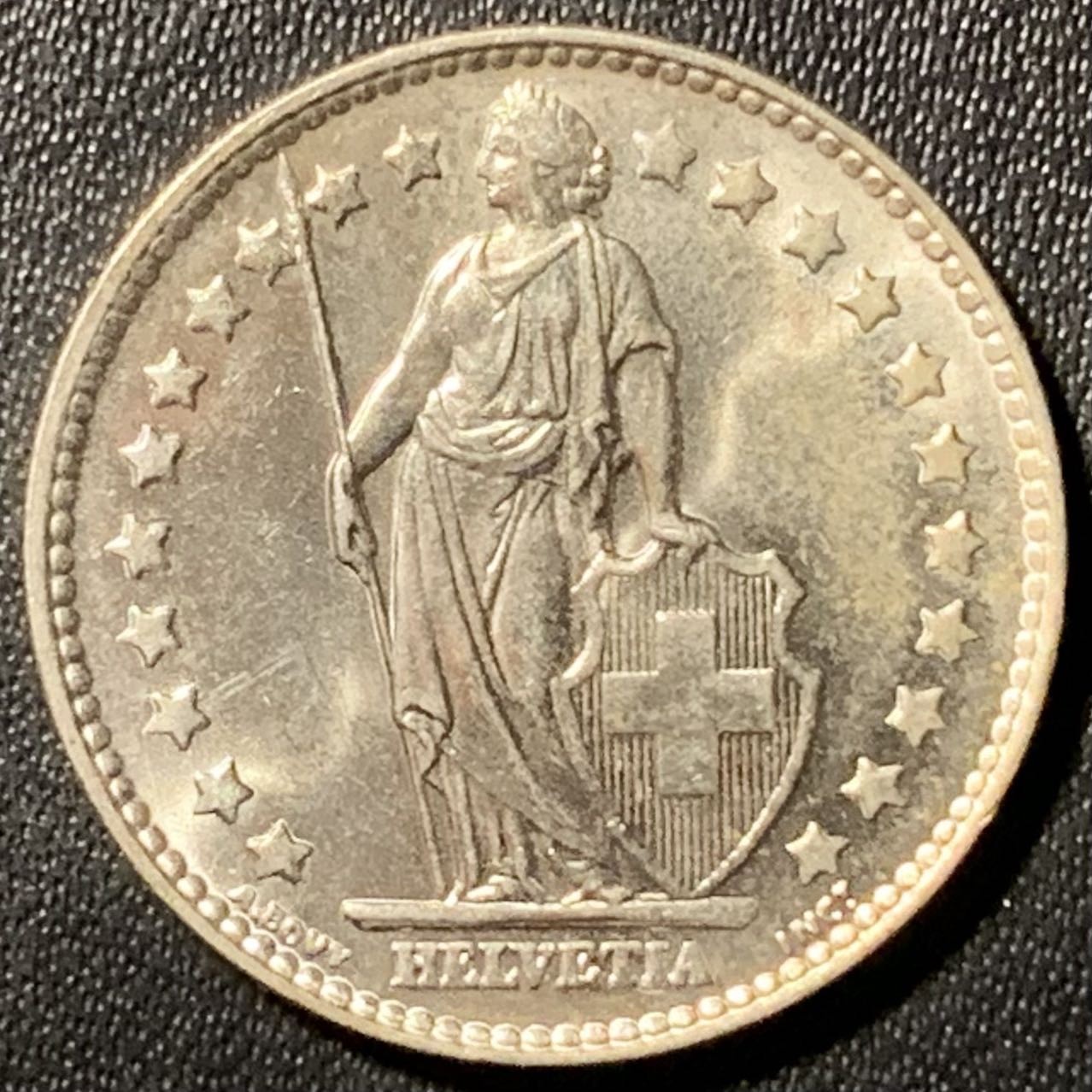 紫瑗钱币——第286期拍卖 瑞士 1962年B 赫尔维蒂女神 1法郎 5克 0.835银 UNC