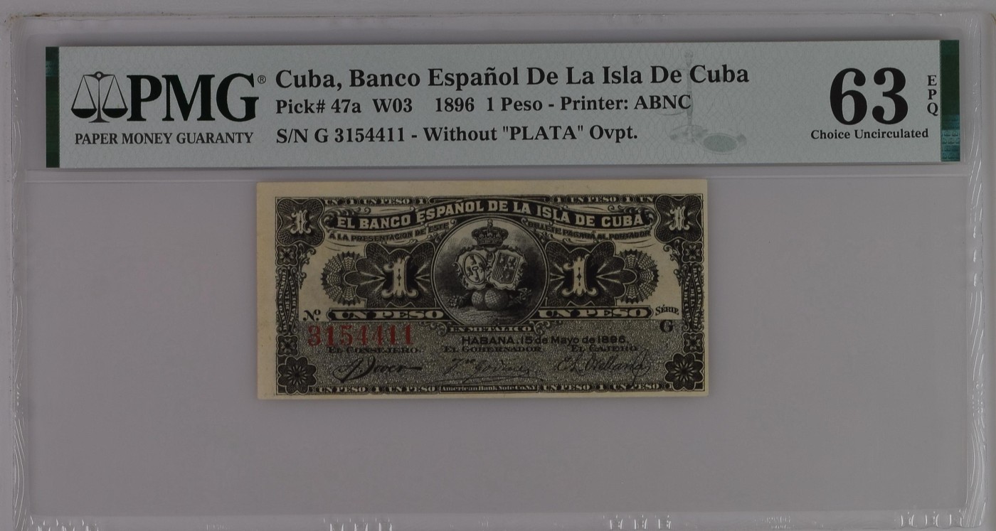 紫瑗钱币——第306期拍卖 【PMG 63EPQ】古巴 1896年 古巴西班牙银行 妇女 1比索 (P-47a) ABNC印刷