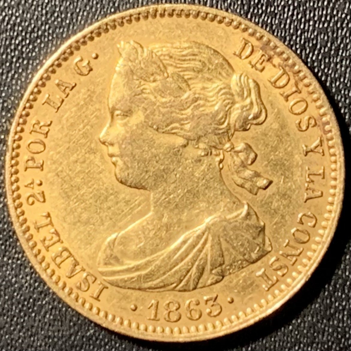 紫瑗钱币——第286期拍卖 西班牙 1863年 伊莎贝拉二世 100里亚尔 8.34克 0.9金 
