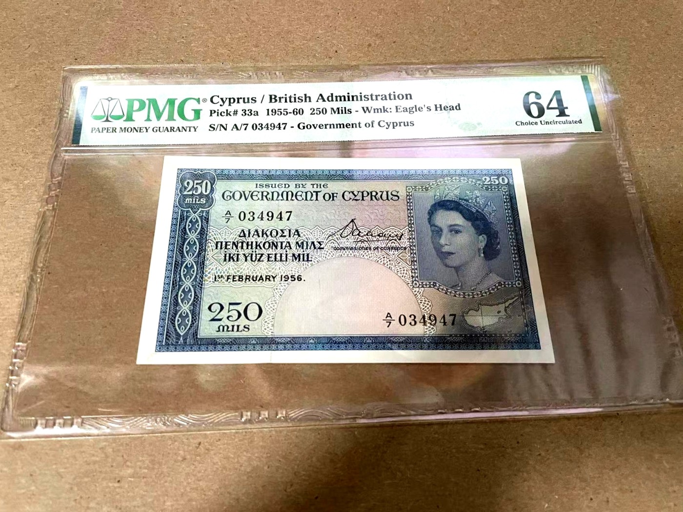 【Blue Auction】✨世界纸币精拍第344期——周日畅拍场【精】 【状态好】塞浦路斯 1956年250米尔 大冠女王 PMG64 全新品相 非常清新耐看 BWC出品