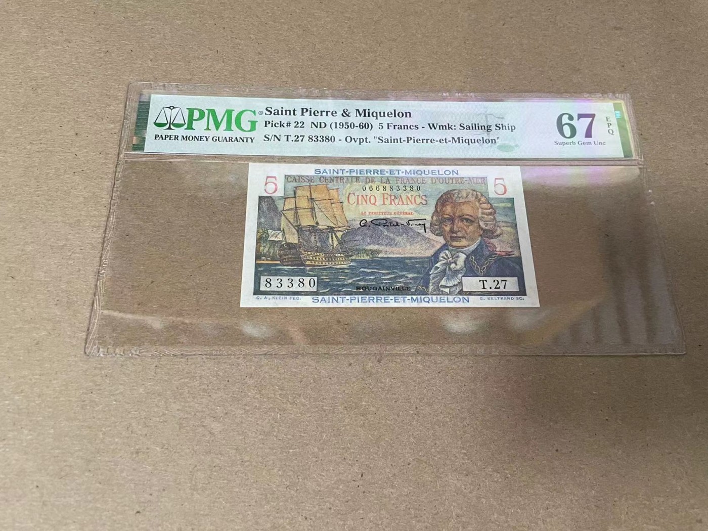 【Blue Auction】✨世界纸币精拍第344期——周日畅拍场【精】 【无47】圣皮埃尔和密克隆 1950-60年5法郎 PMG67EPQ 