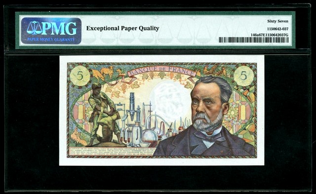 【Blue Auction】✨世界纸币精拍第344期——周日畅拍场【精】 【老壳子无47】法国 1966年5法郎 巴斯德 PMG67EPQ 高分 