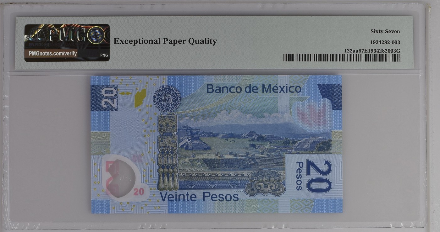 紫瑗钱币——第306期拍卖 【首发A冠 PMG 67EPQ】墨西哥 2016年 墨西哥银行 20比索 （P-122aa）
