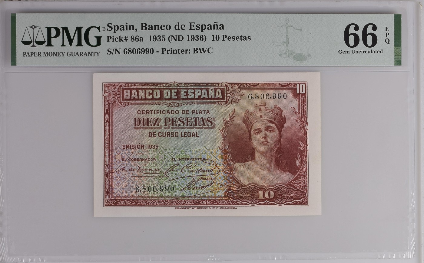 紫瑗钱币——第306期拍卖 【PMG 66EPQ】西班牙 1935(1936) 年 西班牙银行 女神 10比塞塔 (86a) BWC出品