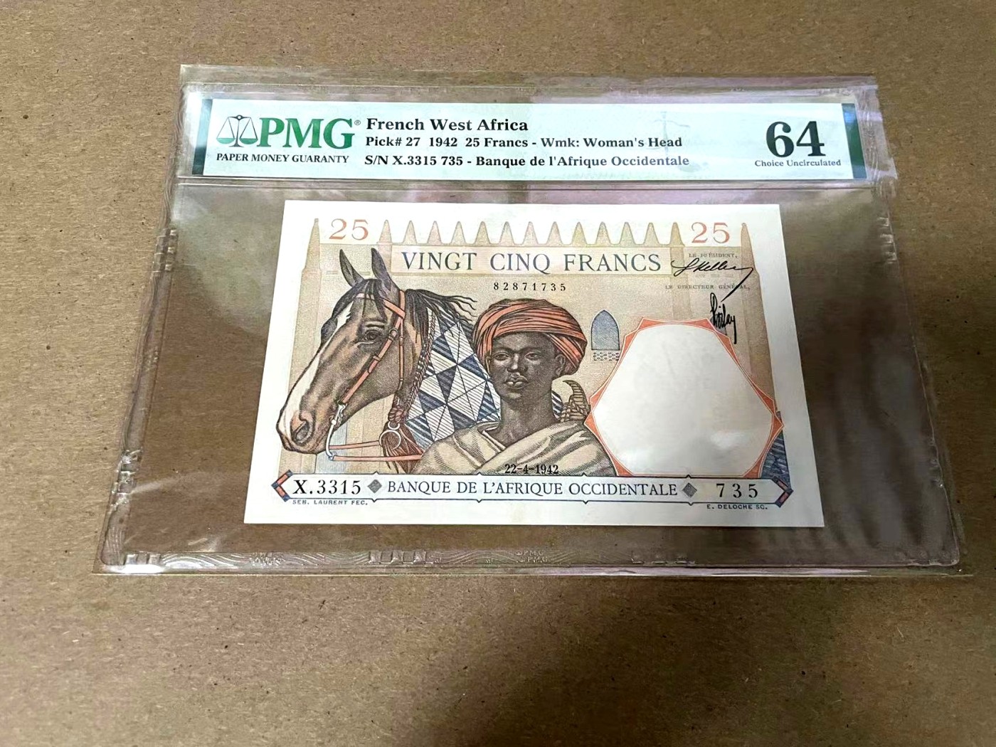 【Blue Auction】✨世界纸币精拍第344期——周日畅拍场【精】 法属西非 1942年25法郎 大金狮 PMG64 
