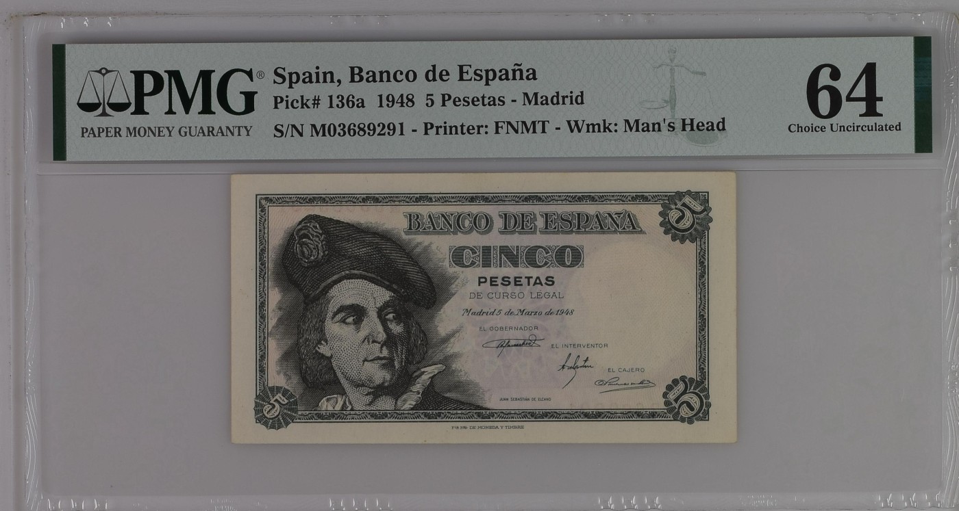 紫瑗钱币——第306期拍卖 【PMG 64】西班牙 1948年 胡安·塞瓦斯蒂安 5比塞塔 (P-136a）