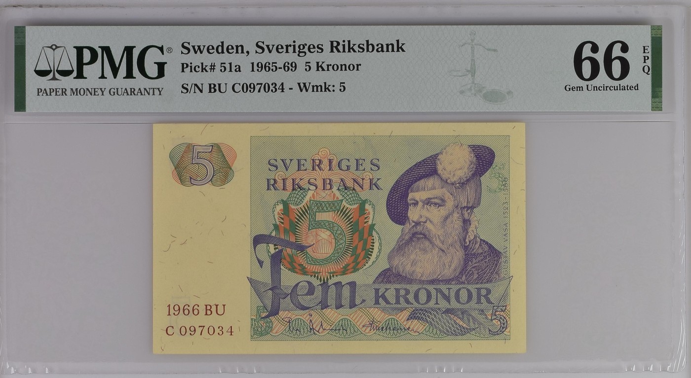 紫瑗钱币——第306期拍卖 【PMG 66EPQ】瑞典 1966年 瑞典银行 5克朗 (P-51a）