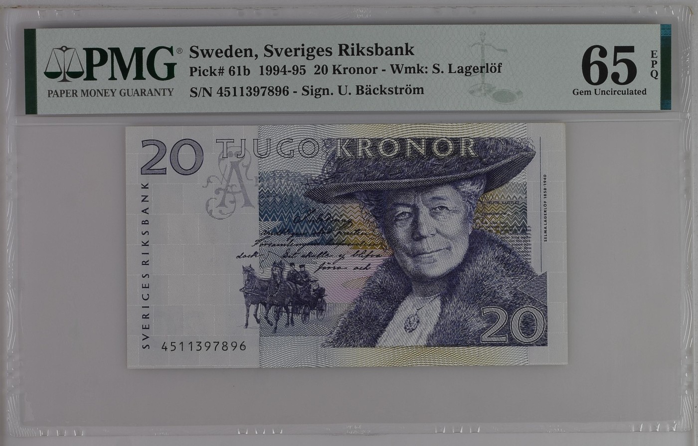 紫瑗钱币——第306期拍卖 【PMG 66EPQ】瑞典 1994-95年 骑鹅旅行记 20克朗  (P-61b）