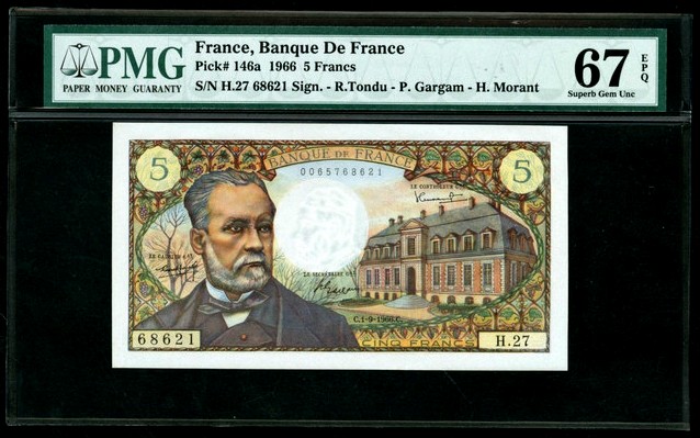 【Blue Auction】✨世界纸币精拍第344期——周日畅拍场【精】 【老壳子无47】法国 1966年5法郎 巴斯德 PMG67EPQ 高分 