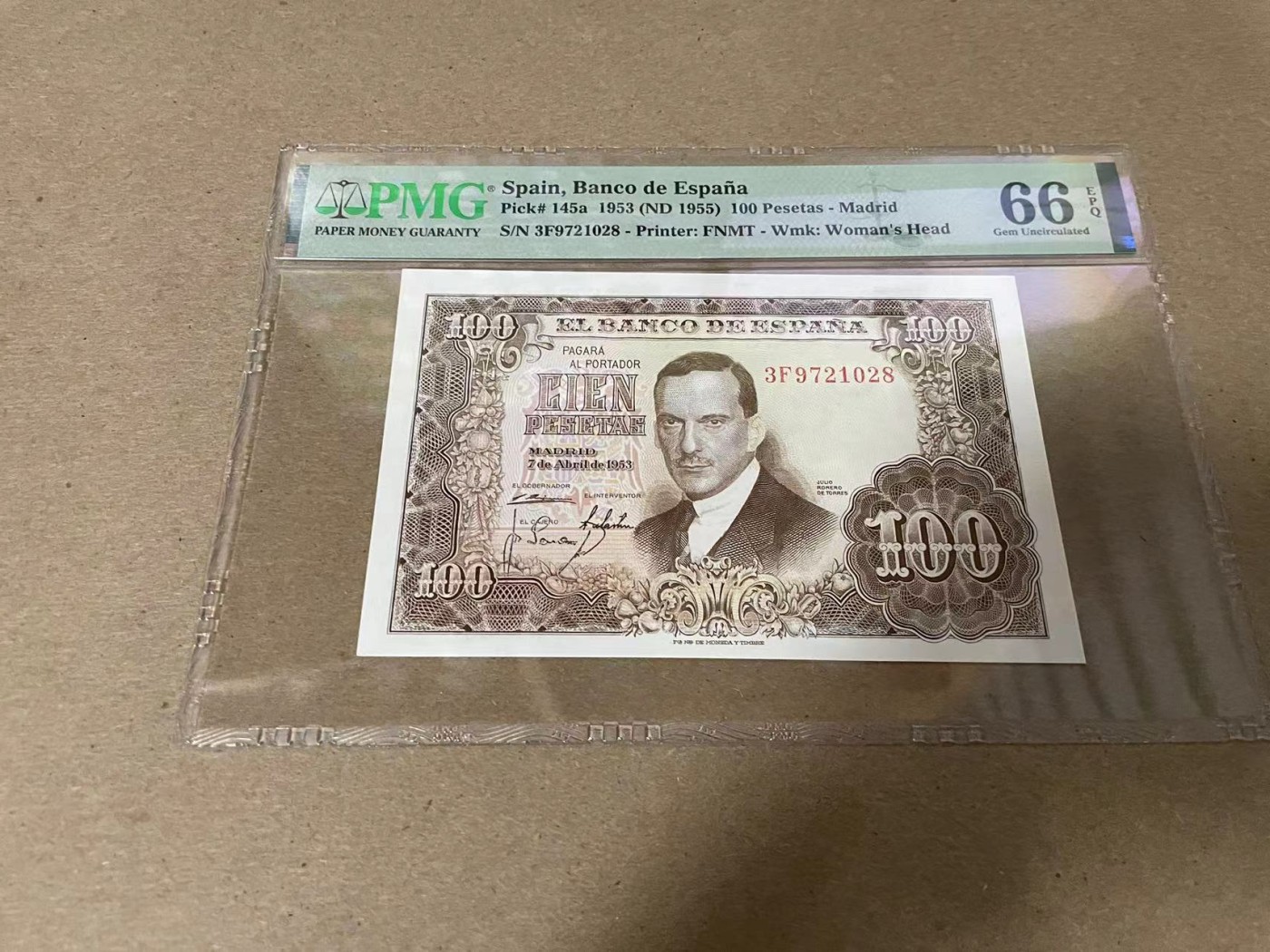 【Blue Auction】✨世界纸币精拍第344期——周日畅拍场【精】 西班牙 1955年100比塞塔 抱瓶女 PMG66EPQ 