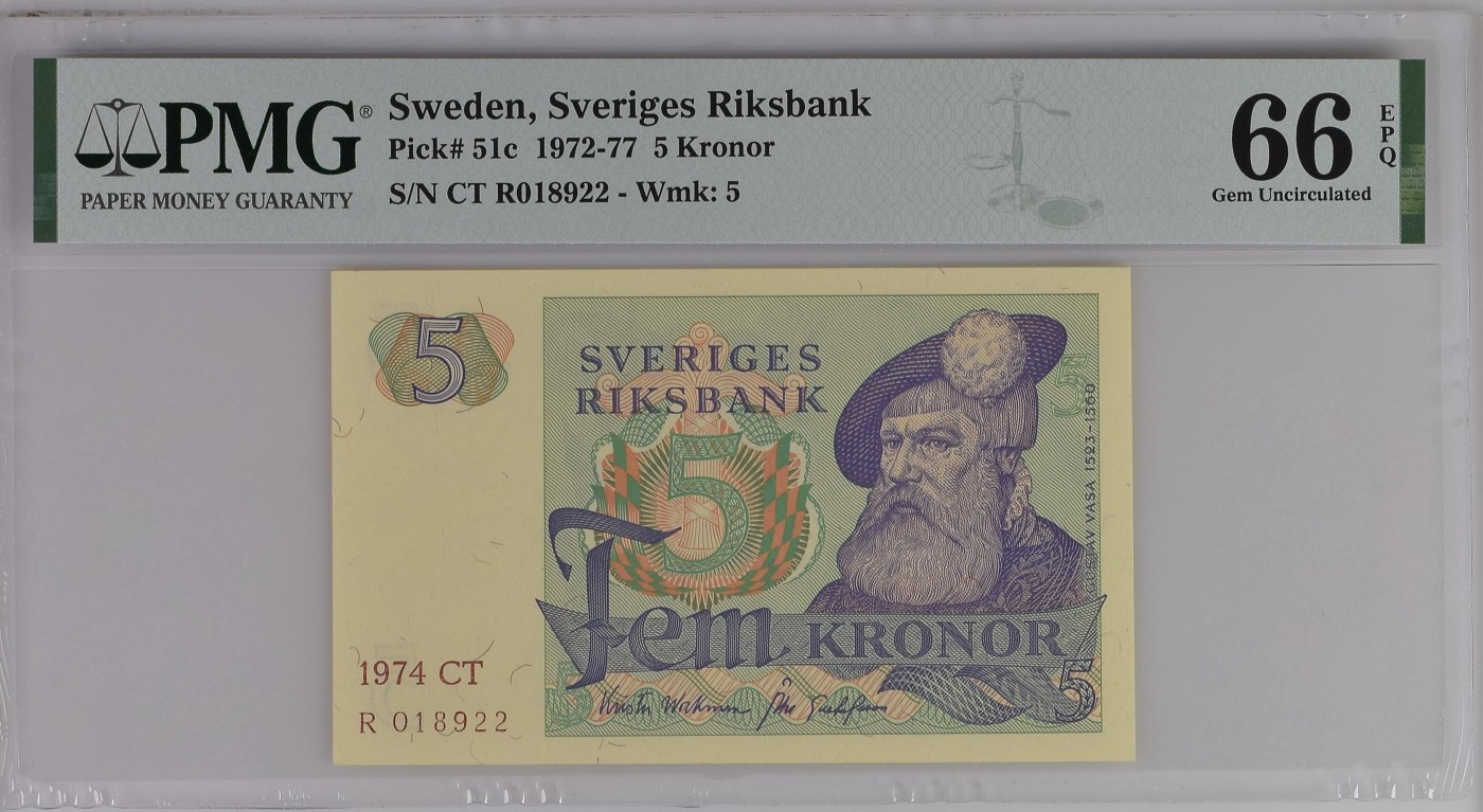 紫瑗钱币——第306期拍卖 【PMG 66EPQ】瑞典 1974年 瑞典银行 5克朗 (P-51c）